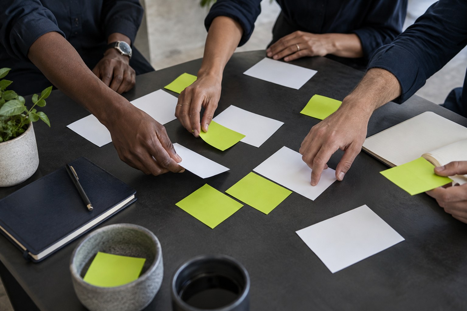 Hands arranging blank cards together during a communication workshop